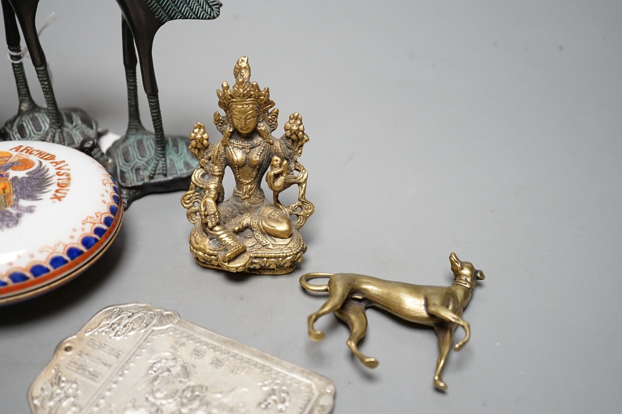 Mixed Chinese ornamental metalware and ceramics, including a pair of storks, 17.5 cms high.